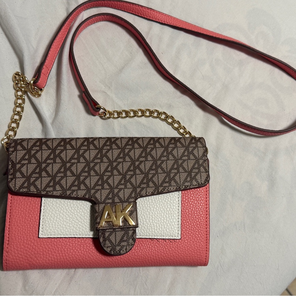 Anne Klein AK Crossbody Bag Brown Color Block Pattern On Fabric.White Leather